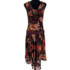 Y2K Robbie Bee Burgundy Asymmetrical Chiffon Floral Sequin Dress‎ Whimsygoth 8
